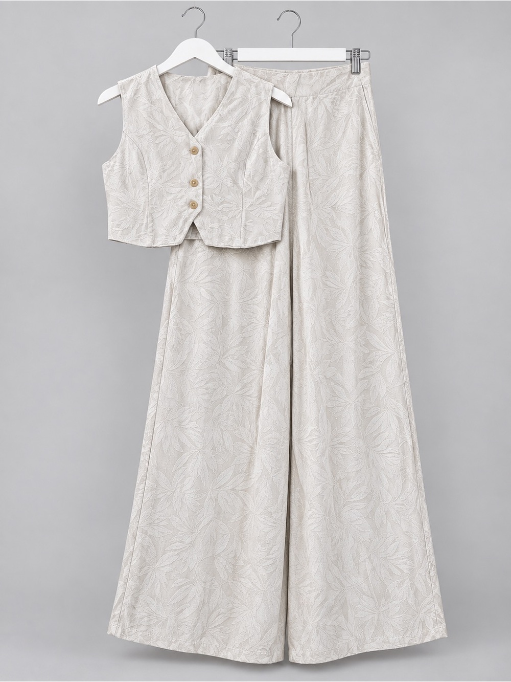 House of Harlow 1960 Dove Gray Leaf Jacquard Vest Wide Leg Pant Set M
